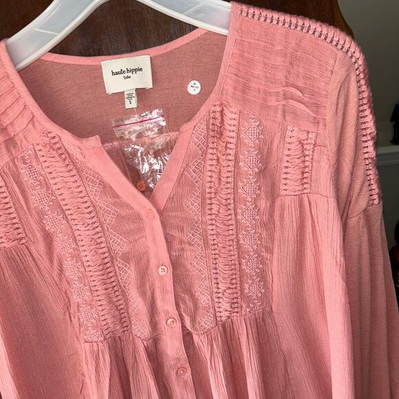 New Haute Hippie Shirt Top Small Pink Button Lightweight Pleating peasant boho - Picture 3 of 9